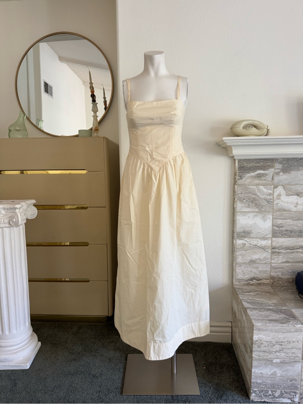 Dress To Light Yellow Beige Shell Waisted Midi Dress - Picture 8 of 13